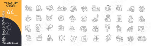 Treasury service related icons set including finance, cash flow, investment, risk management, banking, and liquidity. Editable stroke and professional outline icons perfect for business and banking.