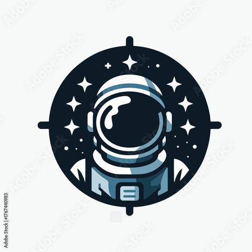 Astronaut helmet in a circular frame with stars.