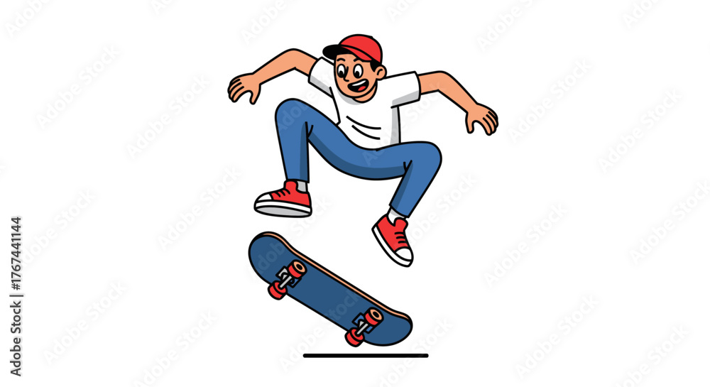 Obraz premium Cartoon skateboarder performing an ollie illustration with a playful and energetic youthful theme