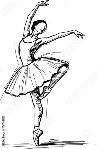 Faceless ballerina sketch, elegant ballet dancer illustration, hand-drawn ballet pose, dance art drawing, classical ballerina performance artwork