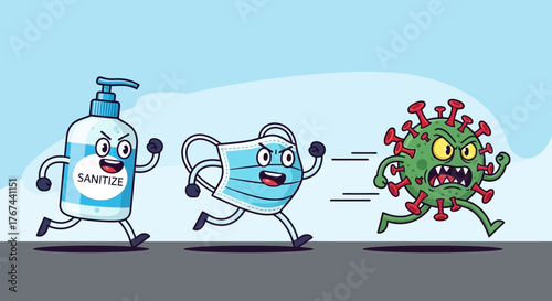 Animated sanitizer and mask team escape from a pursuing green menacing virus illustration