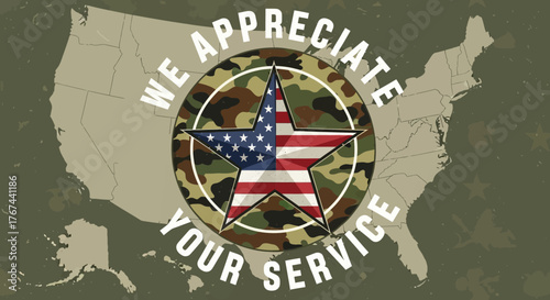Veterans tribute design featuring camouflage and american flag imagery background map usa