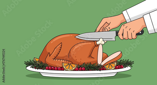 Festive turkey carving illustration for celebratory family meal moments preparation
