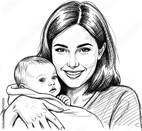 Mother holding baby illustration, happy mom and child sketch, family love drawing, maternal bond art, motherhood concept design, portrait