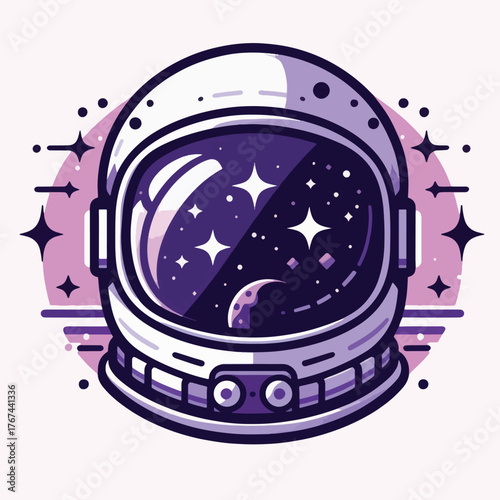 Stylized astronaut helmet with a cosmic space reflection.