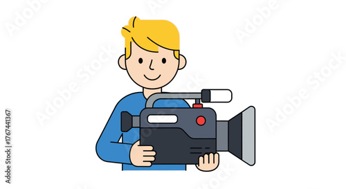Cartoon cameraman holding a professional video camera with a happy expression and outlined design
