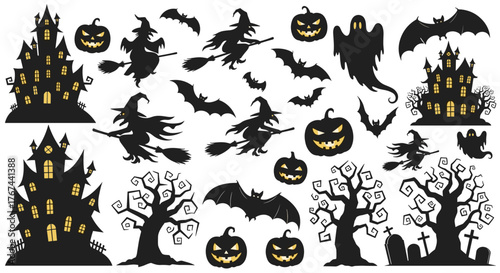 Spooky Halloween Silhouettes A Vector Set of Haunted Houses, Witches, Bats, and Pumpkins