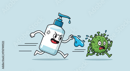 Animated hand sanitizer pursues scared virus: depiction of hygiene and protection against infection