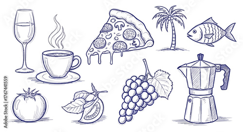 Diverse food and beverage sketch illustration showcasing culinary delights and refreshments