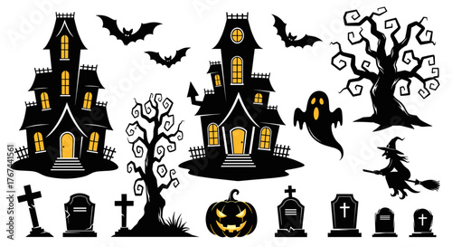 Spooky Halloween Vector Illustration Pack Haunted Houses, Bats, Pumpkins, and More