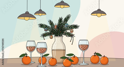 Festive table setting with oranges, wine glasses, and a decorative vase of evergreen branches