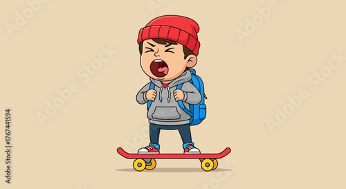 Cartoon skater boy yelling with energy wearing a hoodie and backpack enjoying skateboarding
