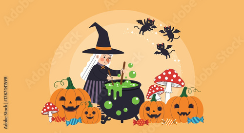 Halloween witch brews a potion as cute devil cats watch on in a spooky landscape