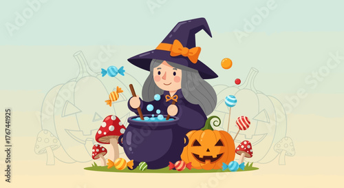 Whimsical halloween illustration of a cartoon witch brewing a potion near a grinning pumpkin