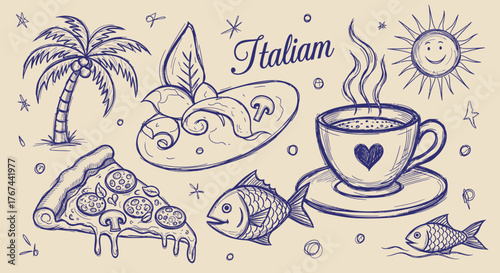Whimsical italian holiday sketchbook doodles with sun, palm tree, pizza and more