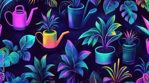 Vibrant plants & watering cans in neon colors on a dark background