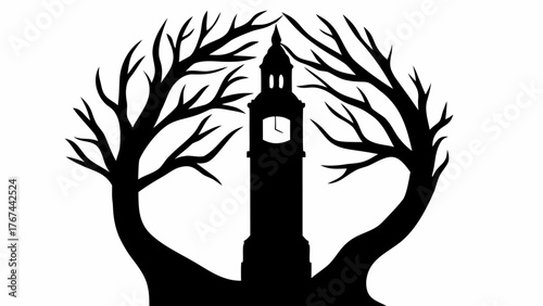 Striking silhouette of clock tower framed by bare winter trees, creating dramatic contrast