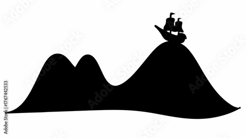 Whimsical silhouette of a ship atop a rolling hill, reminiscent of fairy tales and childhood dreams