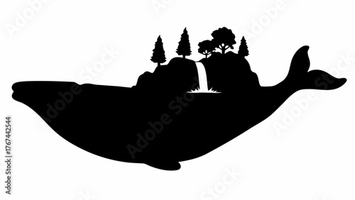 Majestic whale silhouette cradling lush forest and waterfall, a captivating nature concept icon
