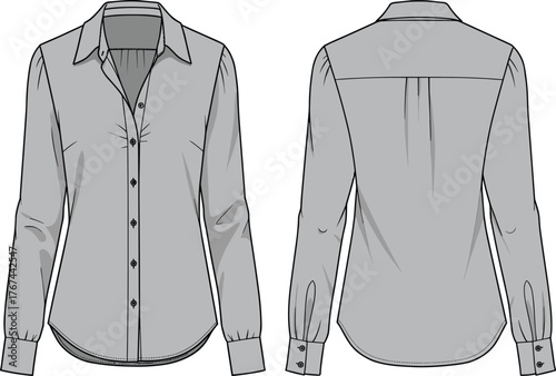Long sleeve button-up shirt flat sketch, pointed collar, pleated back yoke, fashion technical drawing, garment template, front back view