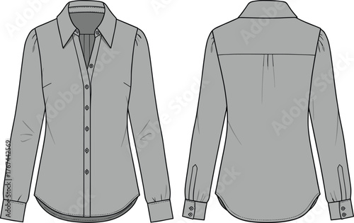 Button-up shirt flat sketch, puff shoulder sleeves, pleated back yoke, tailored fit, fashion technical drawing, garment template, front back view
