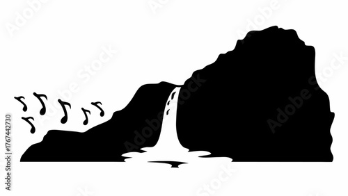 Musical waterfall silhouette cascading from rocks creating a serene, natural melody of nature's song