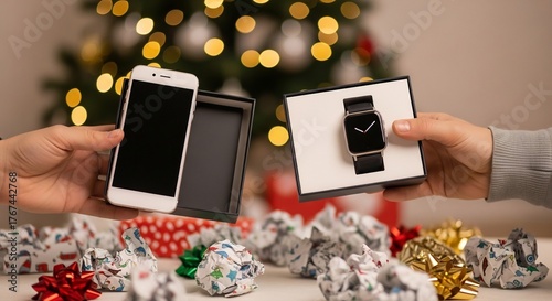 Hands hold phone and smartwatch boxes amid crumpled wrapping paper likely gifts under a Christmas tree
