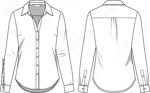 Button-up shirt flat sketch, long sleeve design, pleated back yoke, tailored fit, fashion technical drawing, garment template, front back view