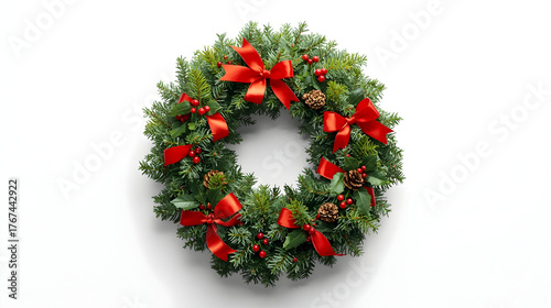 Traditional Christmas Wreath Decorated with Pine Cones, Red Berries, and Green Foliage Isolated on White Background