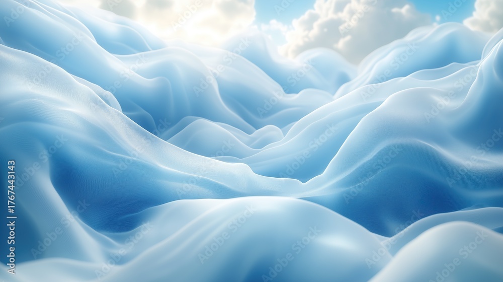 Obraz premium ‌Floating blue velvet sky fabric macro shot - Detailed capture of clouds and blue sky | Soft lighting light background | Elegant curves bright colors | Tranquil mysterious atmosphere