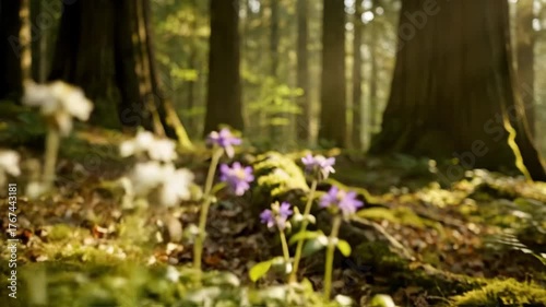 Slow Dolly Shot Through a Sun-Dappled Ancient Forest Floor with Shallow Depth of Field wild, trees, tranquil