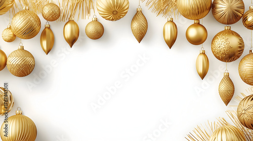 Festive Gold Christmas Balls and Decorative Elements Arranged on White Surface for Modern Winter Holiday Background