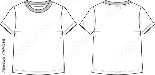 Short sleeve t-shirt flat sketch, crew neckline design, fashion technical drawing, garment template, stitching detail, apparel illustration, front back view