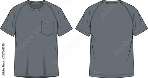 Short sleeve raglan t-shirt flat sketch, crew neckline, chest pocket design, fashion technical drawing, garment template, front back view