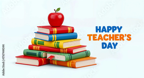 Happy Teacher’s Day Message with Pyramid Stack of Colorful Books and Red Apple Symbolizing Education and Appreciation
