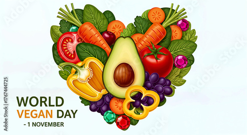 World Vegan Day Heart-Shaped Fruit and Veggie Collage with 1 November Message Celebrating Health and Compassion
