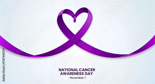 Purple Ribbon Shaped as Heart with “National Cancer Awareness Day – November 7” Message Promoting Support and Solidarity
