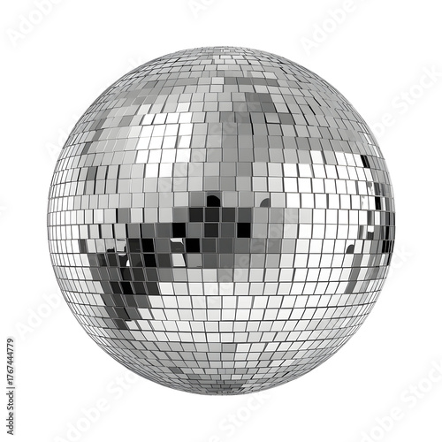 Shiny silver disco ball reflecting light with metallic mirror tiles isolated on white background 