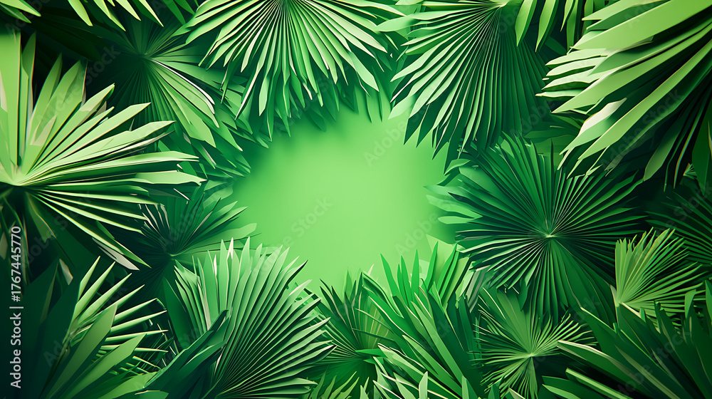 Fototapeta premium Lush green palm leaf background framing a vibrant central space, ideal for creative designs and tropical themed graphics