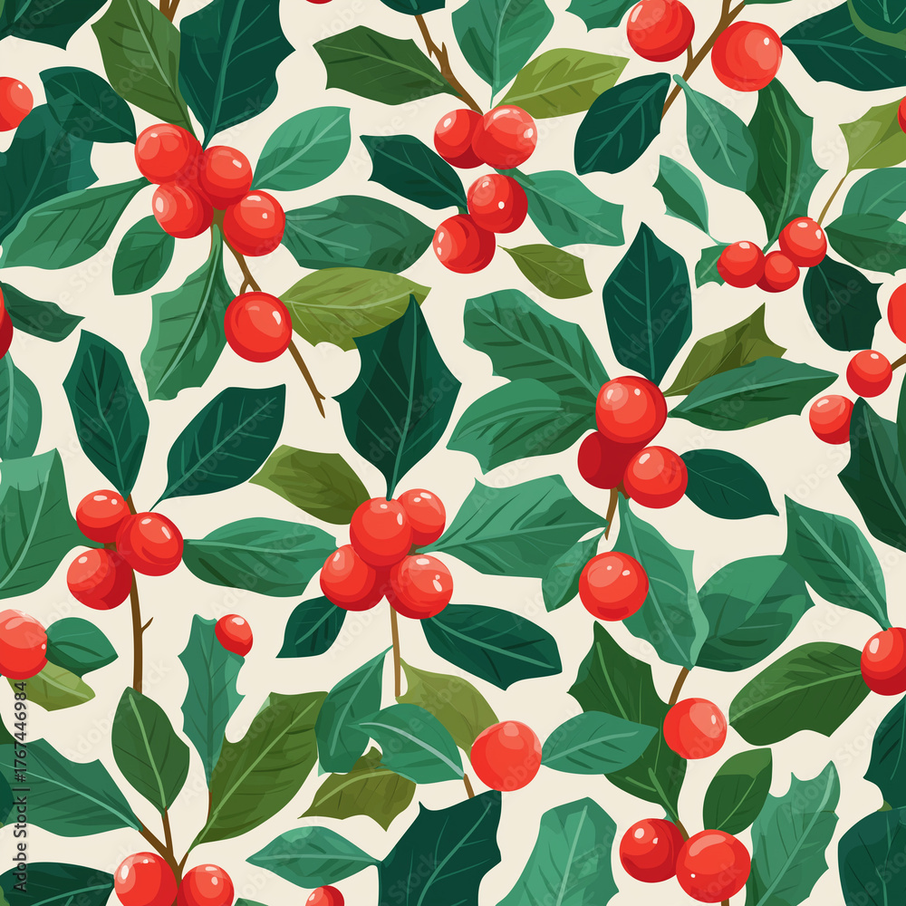 mistletoe seamless pattern, holly berry and leaf background. Xmas holiday plant print, winter ilex bg. Simple fruit sprig branch banner, rea and green colors. Cartoon vector illustration