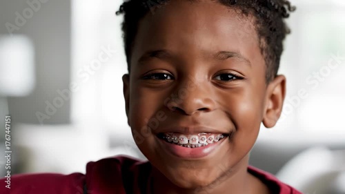 Happy african american boy with braces smiling. Young kid showing dental treatment and orthodontic healthcare footage.