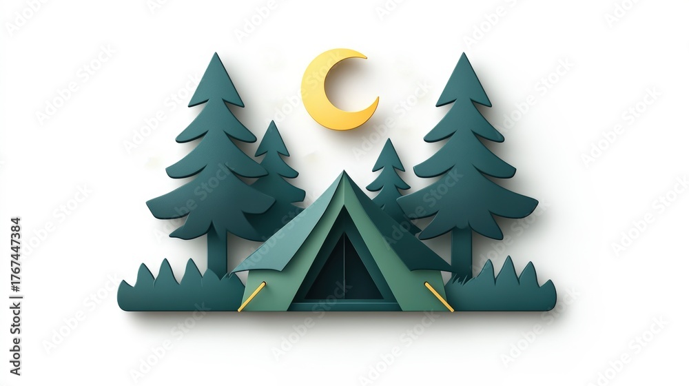 Fototapeta premium This serene illustration features a tent nestled among tall pine trees under a crescent moon, ideal for promoting outdoor activities, camping, or nature-themed events,