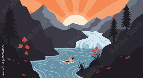 Wild swimming adventure in a scenic mountain valley with a cascading waterfall and beautiful sunrise, vector illustration