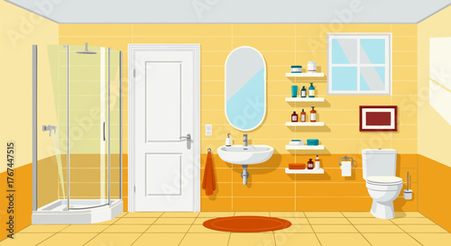 Clean and modern bathroom interior vector illustration, featuring a spacious shower, stylish sink, toilet, mirror, and shelves, designed for a bright and comfortable home environment