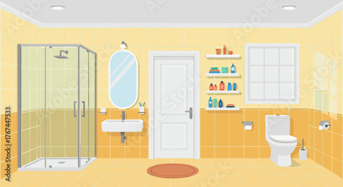 Cozy Bathroom Interior Shower, Toilet, Sink, and Bright Design