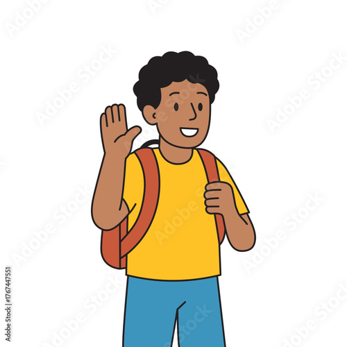 Schoolboy with Backpack Waving Hello