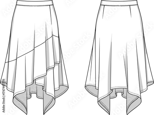 Women’s asymmetrical skirt fashion illustration, technical flat sketch, front and back view, handkerchief hem, diagonal seam, flowing silhouette, garment design drawing