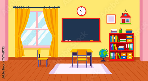 Colorful primary school classroom interior with furniture and a blackboard, a flat design vector illustration for education