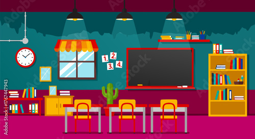 Classroom interior with desks, chairs, blackboard, bookshelves, and decorative elements, creating an educational and engaging learning environment