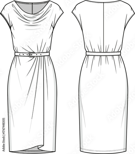 Women’s cowl neck dress flat sketch, fashion technical drawing, belted waist design, front and back view, apparel template, garment illustration vector
